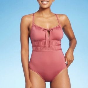 Kona Sol Womens Gathered Modern Mauvewood Keyhole One Piece Swimsuit